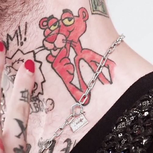Lil peep tattoos of Pink Panther on the neck