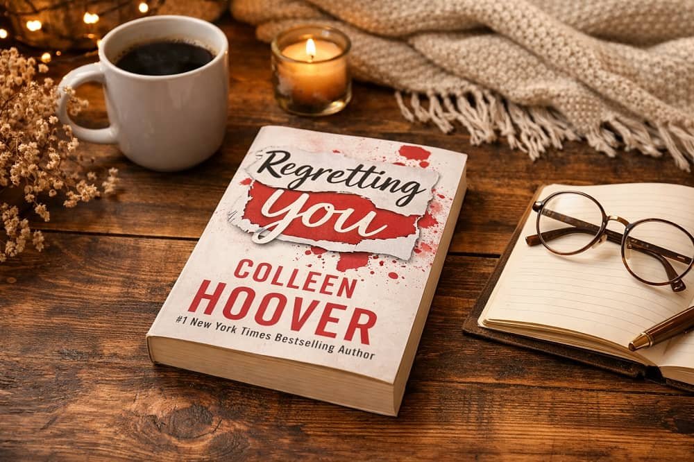 Regretting You book by Colleen Hoover placed on wooden table with coffee in cozy reading setup
